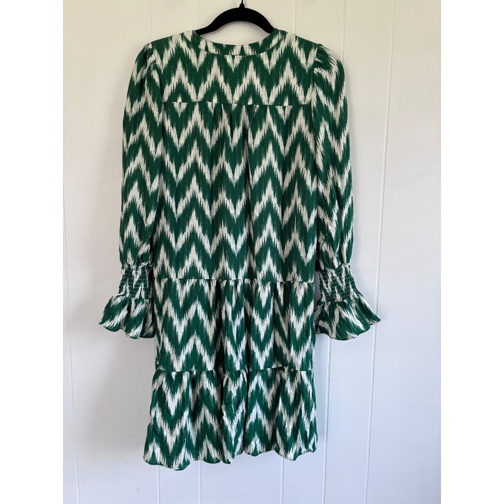 Pomander Place Green White Ikat Chevron Tiered Mini Dress Smocked Ruffle S - Picture 2 of 8